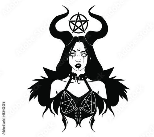 Photo Beautiful gothic girl with pectogram sticker t-shirt design
