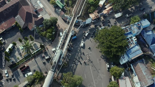 city topshot, Indonesia, train coming through