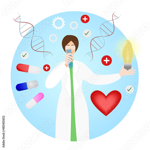 female scientist. The concept of creating a drug or discovering a vaccine. Scientist with a flask working on developing a treatment for heart disease. Vector illustration in a flat style.