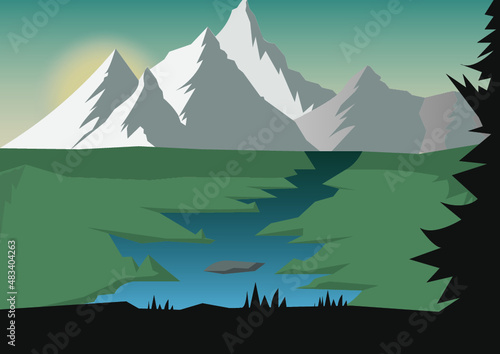 Landscape Mountain, river and trees
