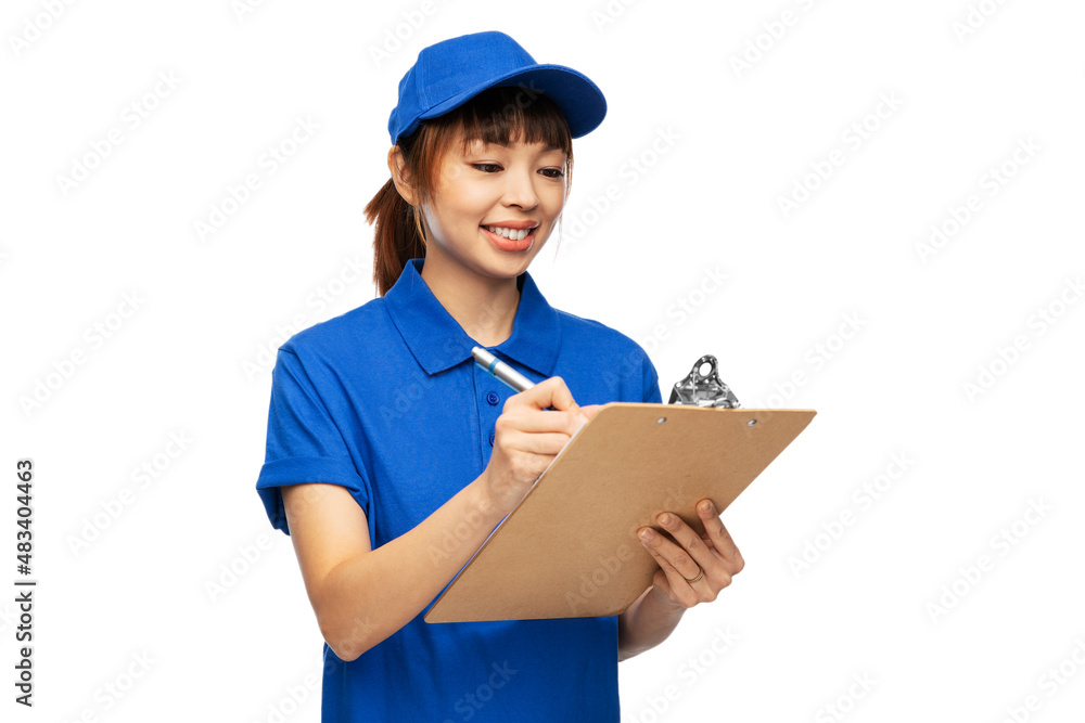 profession, job and people concept - happy smiling delivery woman in blue uniform with clipboard and pen over white background profession, job and people concept - happy smiling delivery woman in blue uniform with clipboard and pen over white background