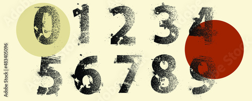 Grunge distress rough edges numbers . Speckled texture . Screen print . Vector dispersion alphabet numbers. Graffiti style