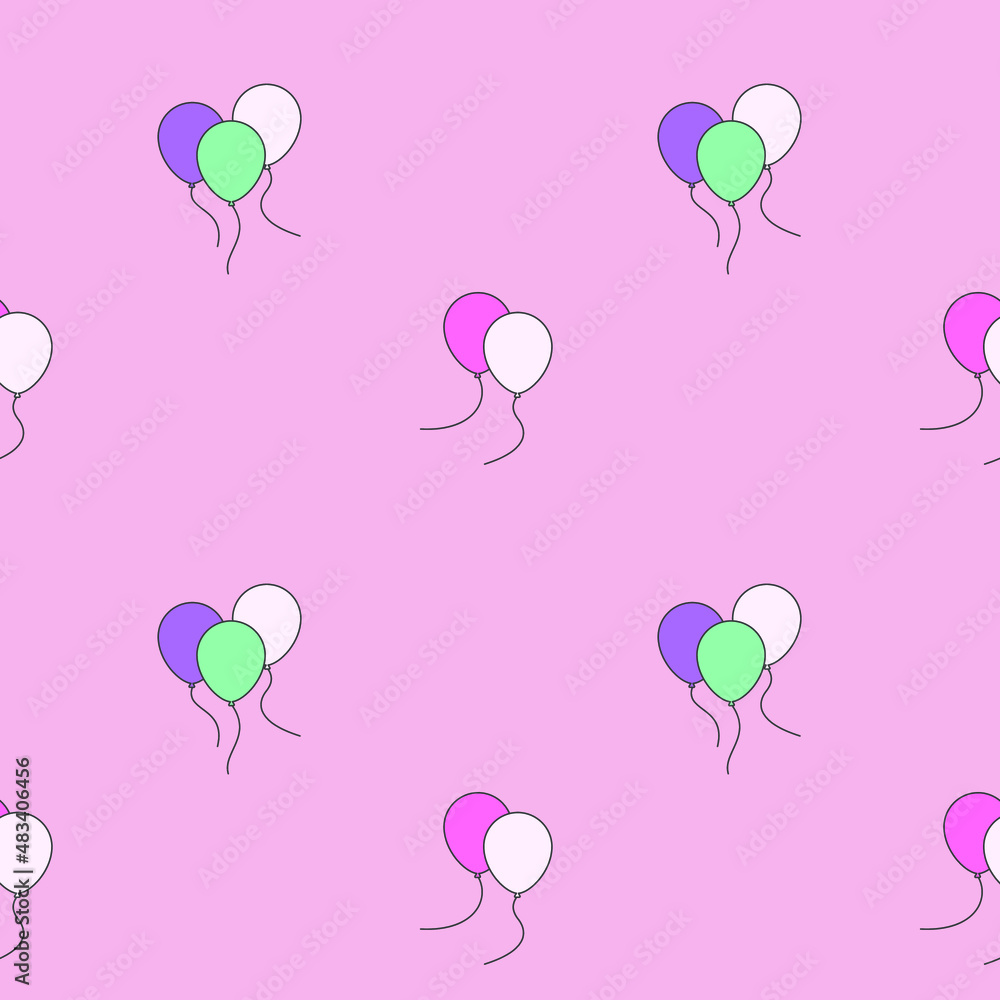 balloons pattern, vector illustration, flat line, white, pink, red, turquoise, violet

