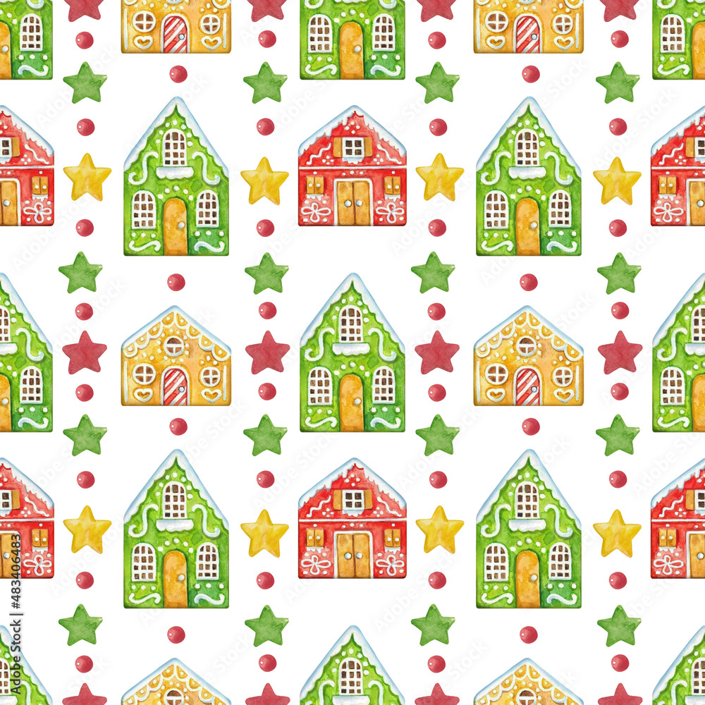 Watercolor seamless pattern with houses