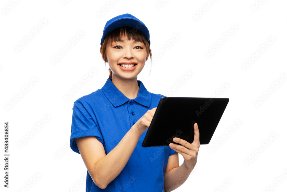 profession, job and people concept - happy smiling delivery woman in blue uniform with tablet pc computer over white background profession, job and people concept - happy smiling delivery woman in blue uniform with tablet pc computer over white background