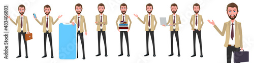 
Cartoon Young Business man poses with facial expressions vector
