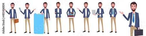 
Cartoon Young Business man poses with facial expressions vector
