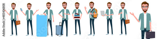 
Cartoon Young Business man poses with facial expressions vector

