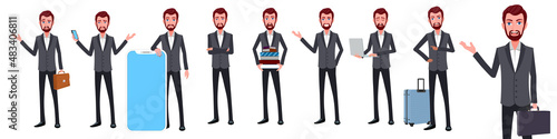 
Cartoon Young Business man poses with facial expressions vector
