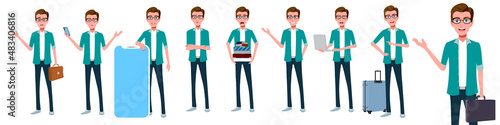 
Cartoon Young Business man poses with facial expressions vector
