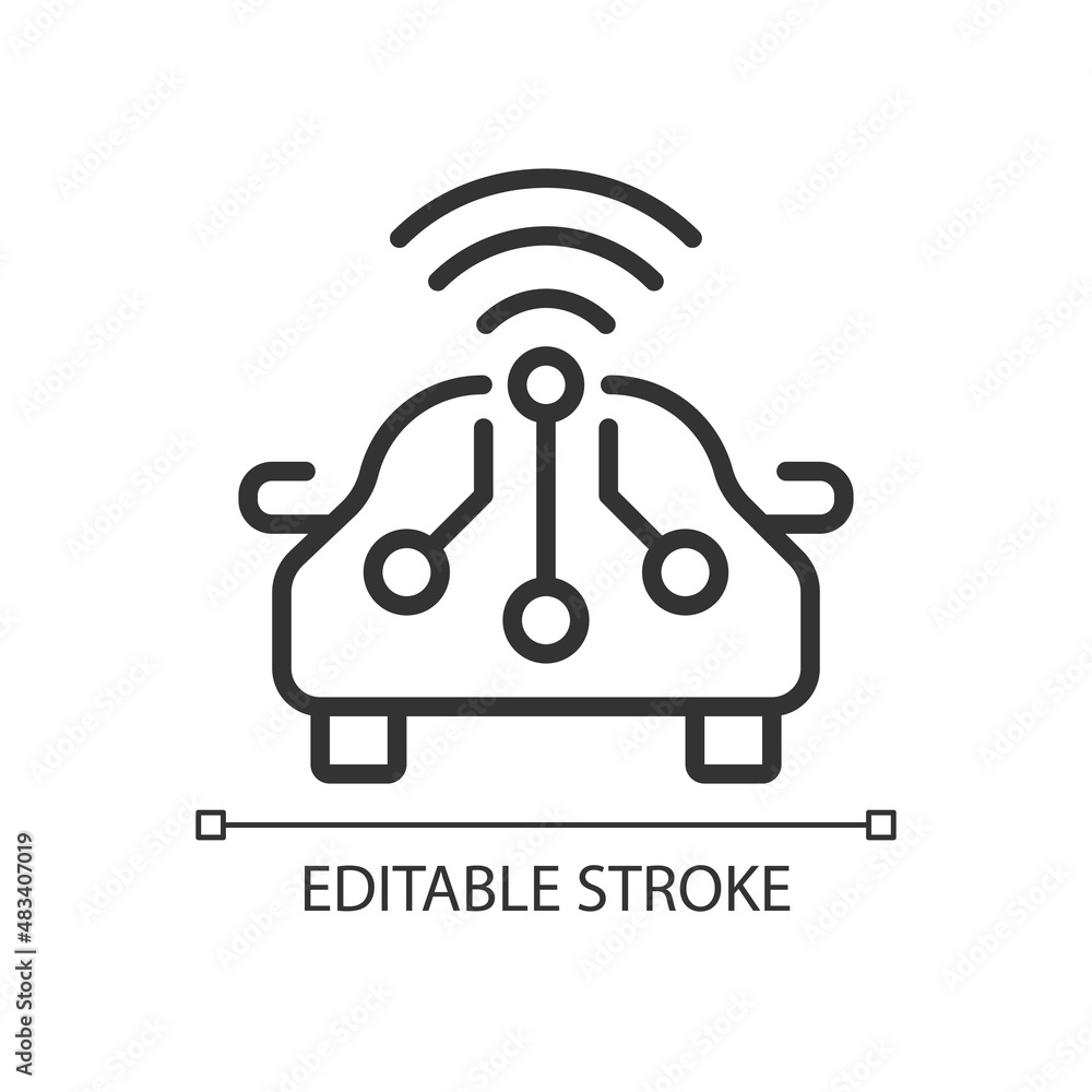 Smart car pixel perfect linear icon. Remote access to automobile control. Internet of Things. Thin line illustration. Contour symbol. Vector outline drawing. Editable stroke. Arial font used Smart car pixel perfect linear icon. Remote access to automobile control. Internet of Things. Thin line illustration. Contour symbol. Vector outline drawing. Editable stroke. Arial font used