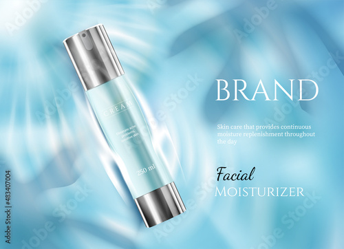 Cosmetics on a wave water background.Luxury skin care moisturizing Face Cream Design Template. Vector illustration