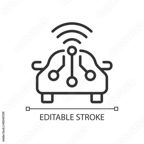 Smart car pixel perfect linear icon. Remote access to automobile control. Internet of Things. Thin line illustration. Contour symbol. Vector outline drawing. Editable stroke. Arial font used