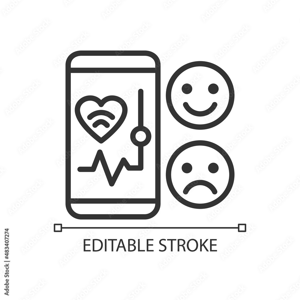 Mood monitoring pixel perfect linear icon. Mobile app for health tracking. Internet of Things. Thin line illustration. Contour symbol. Vector outline drawing. Editable stroke. Arial font used Mood monitoring pixel perfect linear icon. Mobile app for health tracking. Internet of Things. Thin line illustration. Contour symbol. Vector outline drawing. Editable stroke. Arial font used