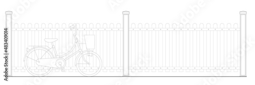 A classic bicycle in front of a wooden fence. 2D CAD drawing in black and white.