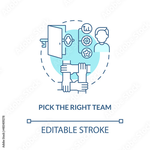 Pick right team turquoise concept icon. Escape room strategy abstract idea thin line illustration. Team bonding activity. Isolated outline drawing. Editable stroke. Arial, Myriad Pro-Bold fonts used