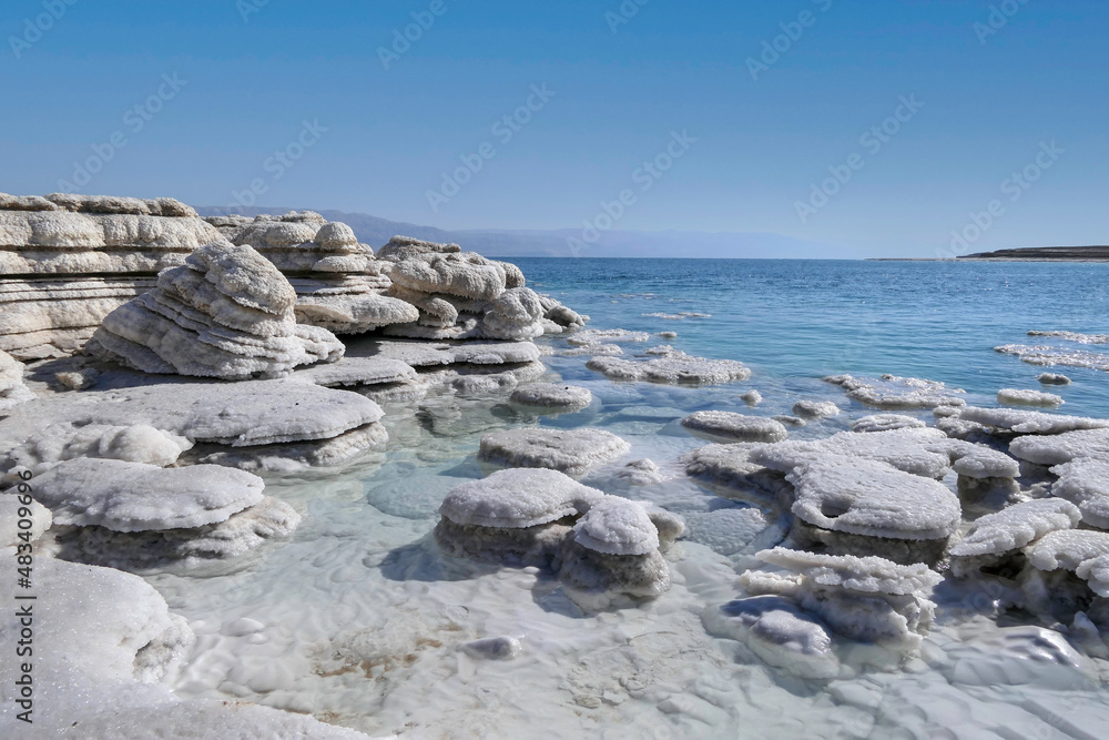 View of the beautiful patterns of the salt formations of the Dead Sea. Salt mushrooms