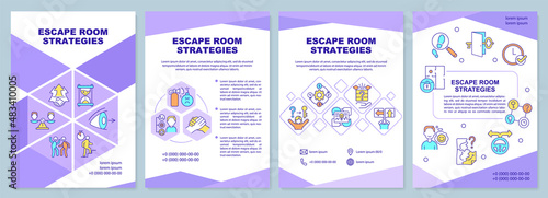 Escape room strategies purple brochure template. Solving hard riddles. Leaflet design with linear icons. 4 vector layouts for presentation, annual reports. Arial-Black, Myriad Pro-Regular fonts used