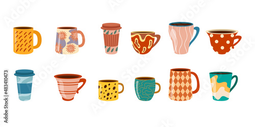 Colorful porcelain coffee and tea cup cartoon illustration set. Ceramic mugs for matcha, different beverages and drinks with cute Scandinavian patterns flat vector set. Crockery, kitchen, cafe concept