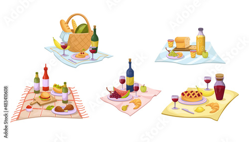 Food for summer picnic on tablecloth cartoon illustration set. Bottles of wine, desserts, snacks, alcohol drinks, bread, burger, cheese sandwiches, watermelon serving on table cover. Meal concept
