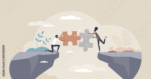 Bridging the gap and overcome couple relationship problem tiny person concept. Communication link and puzzle pieces connection as solution for settlement vector illustration. Together after separation photo