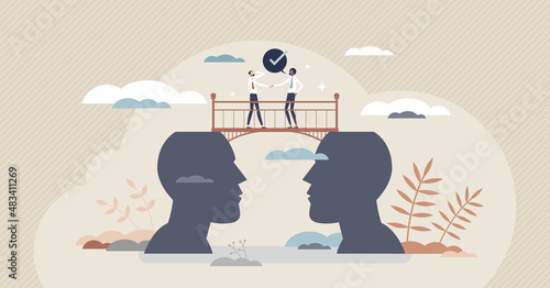 Bridging the gap with successful partner communication tiny person concept. Business merging and development after agreement and deal problem solutions vector illustration. Overcome mental barrier.