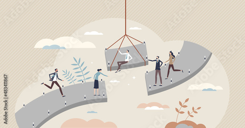 Fotobehang Bridging the gap and overcome obstacles with teamwork tiny person concept
