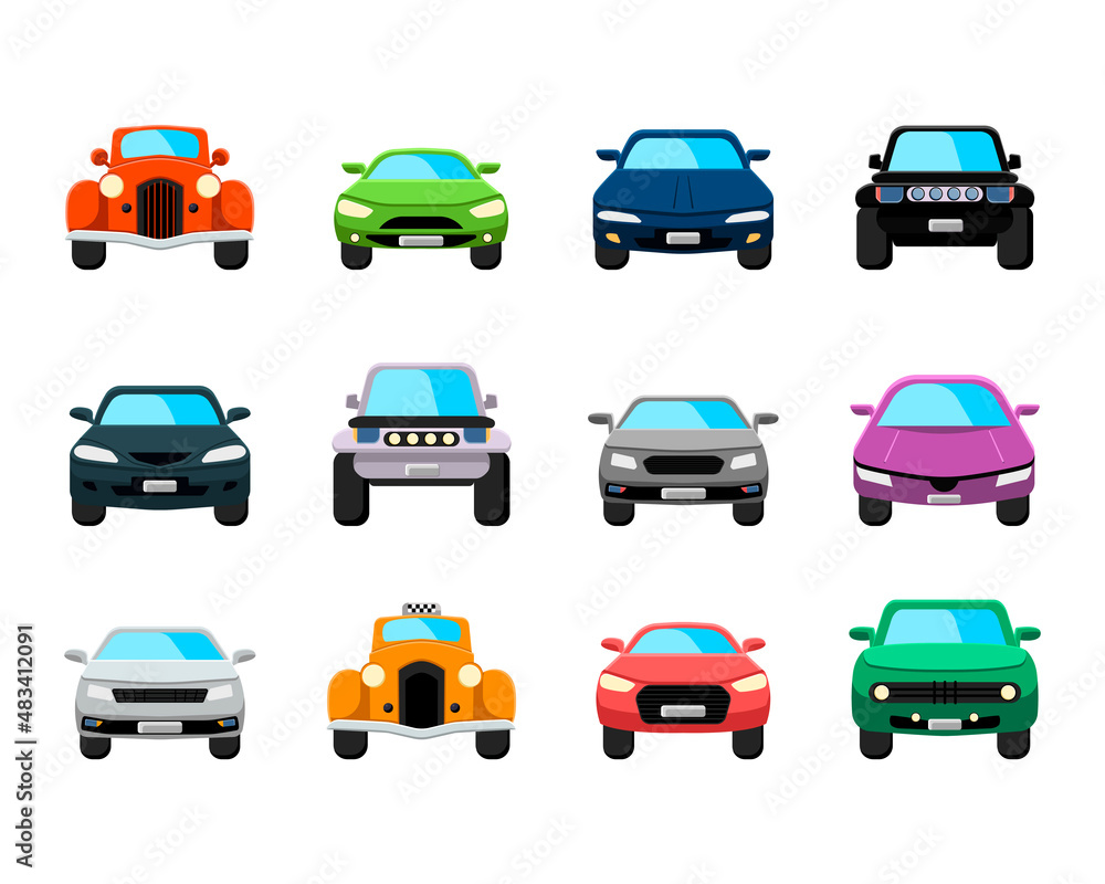 Front view of different kinds of cars vector illustrations set. Collection of cars: taxi, police, vintage, modern isolated on white background. Transport, transportation, traveling concept
