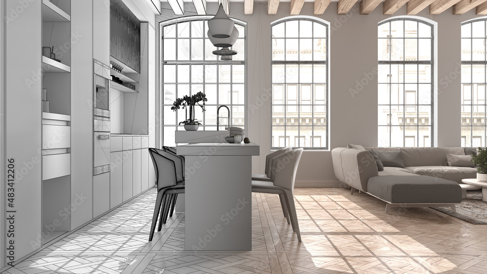 Fototapeta premium Architect interior designer concept: hand-drawn draft unfinished project that becomes real, kitchen, living and dining room. Classic parquet, wooden roof beams, interior design idea