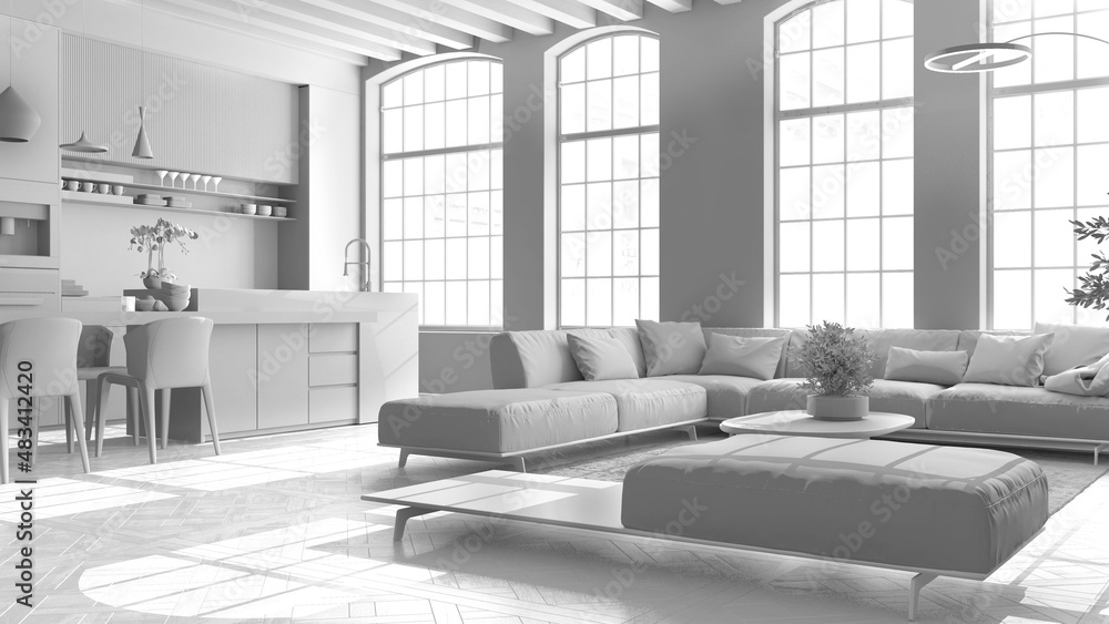 Total white project, modern kitchen and living room in vintage apartment with big windows, sofa and table, island with chairs. Classic parquet, wooden roof beams, interior design