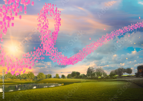 3D Render of flying lanterns hopeful and quality of life
with breast cancer ribbon photo