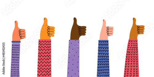 Feedback. Hands with thumbs up. Hand drawn doodle vector illustration. 