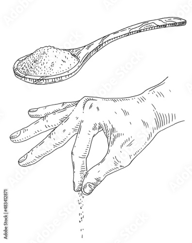 Hand sprinkling salt or pepper. Side view. Vintage hatching vector