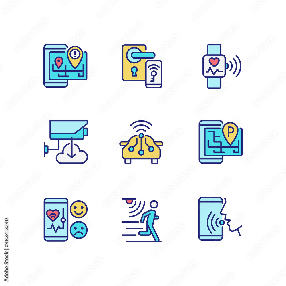 Internet of things pixel perfect RGB color icons set. Wireless technology. Remote access. IoT appliance. Isolated vector illustrations. Simple filled line drawings collection. Editable stroke Internet of things pixel perfect RGB color icons set. Wireless technology. Remote access. IoT appliance. Isolated vector illustrations. Simple filled line drawings collection. Editable stroke