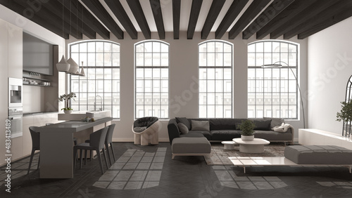 Modern kitchen and living room in vintage apartment in beige and dark tones with big windows, sofa with table, island with chairs. Classic parquet, wooden roof beams, interior design