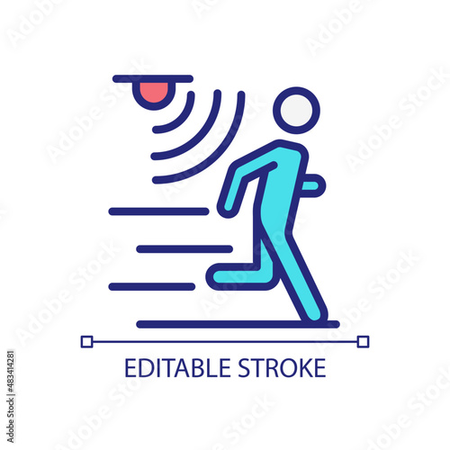 Motion detection pixel perfect RGB color icon. Movement monitoring. Alert from crossing. Internet of Things. Isolated vector illustration. Simple filled line drawing. Editable stroke. Arial font used