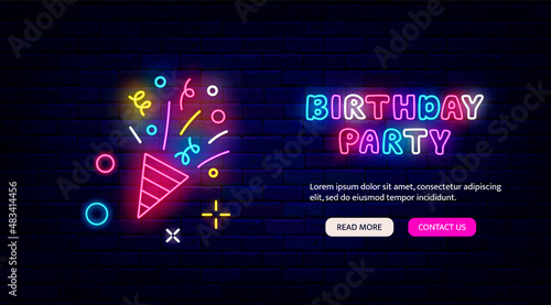 Birthday party neon greeting card. Flapper with confetti and streamers. Website template. Vector illustration