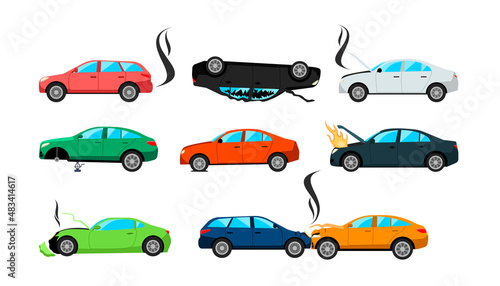 Broken cars after road traffic accident cartoon illustration set. Auto, automobile with broken motor and engine without wheel after crush or collision in need of repair. Damage, vehicle, fire concept