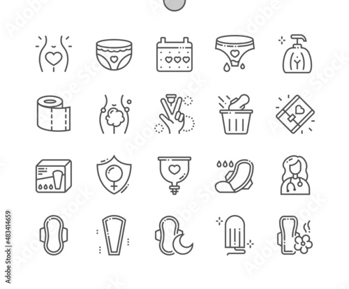 Feminine hygiene. Menstruation calendar. Sanitary pad and tampon. Menstrual cup. Female product. Pixel Perfect Vector Thin Line Icons. Simple Minimal Pictogram photo