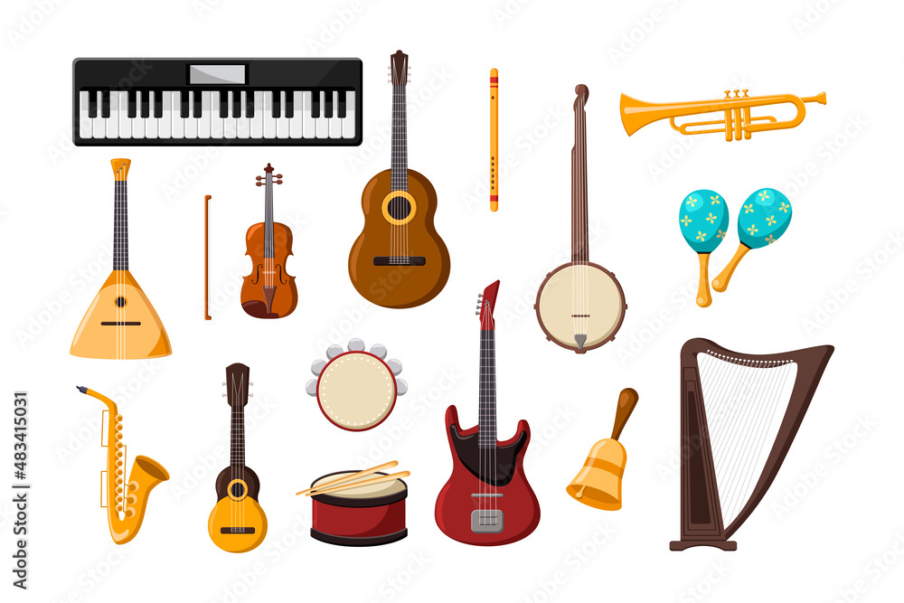 Various musical instruments cartoon illustration set. Accordion, trombone,  acoustic and electric guitar, piano, drum, whistle flute, saxophone, harp  isolated on white background. Music, hobby concept Stock Vector | Adobe  Stock