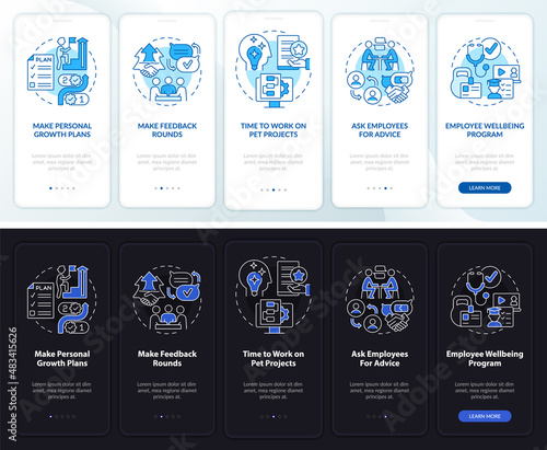 Employee stimulation night and day mode onboarding mobile app screen. Walkthrough 5 steps graphic instructions pages with linear concepts. UI, UX, GUI template. Myriad Pro-Bold, Regular fonts used