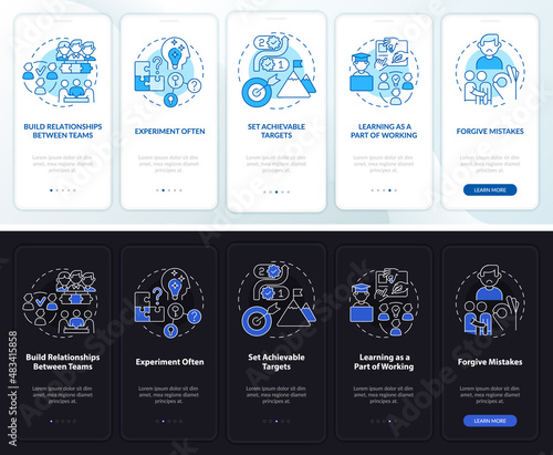 Worker stimulation ideas night and day mode onboarding mobile app screen. Walkthrough 5 steps graphic instructions pages with linear concepts. UI, UX, GUI template. Myriad Pro-Bold, Regular fonts used