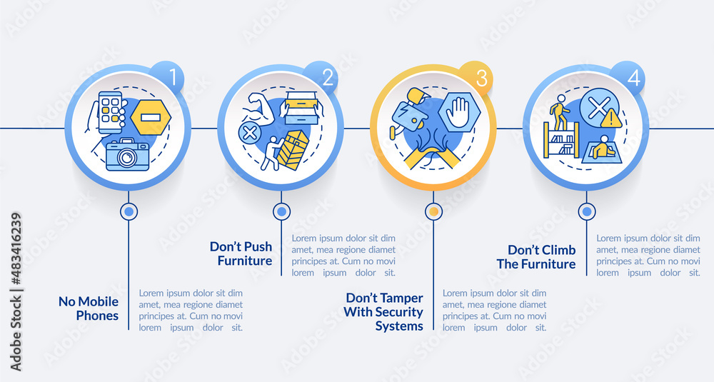Escape room safety precautions circle infographic template. No phones. Data visualization with 4 steps. Process timeline info chart. Workflow layout with line icons. Lato-Bold, Regular fonts used