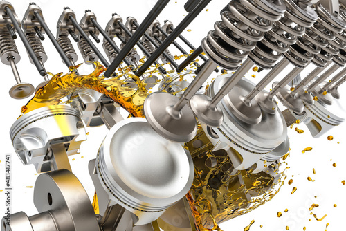 3d illustration Engine pistons, crankshaft and valves with Lubricant Oil