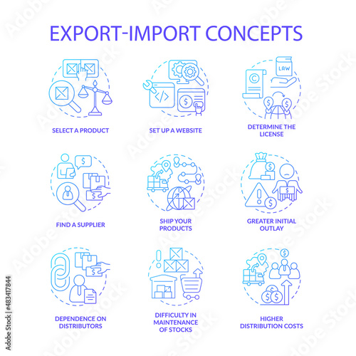 Export and import business blue gradient concept icons set. Entrepreneurship idea thin line color illustrations. Isolated outline drawings. Editable stroke. Roboto-Medium, Myriad Pro-Bold fonts used