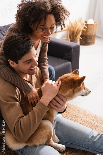 Smiling african american woman petting shiba inu near boyfriend in living room