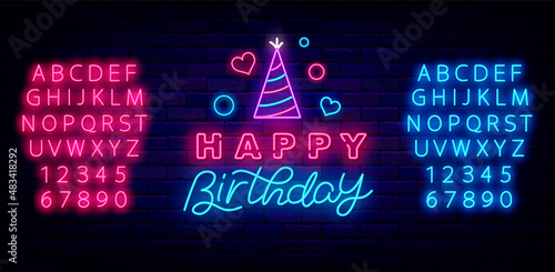 Happy Birthday neon greeting card. Emblem with party hat. Shiny blue and pink alphabet. Vector illustration