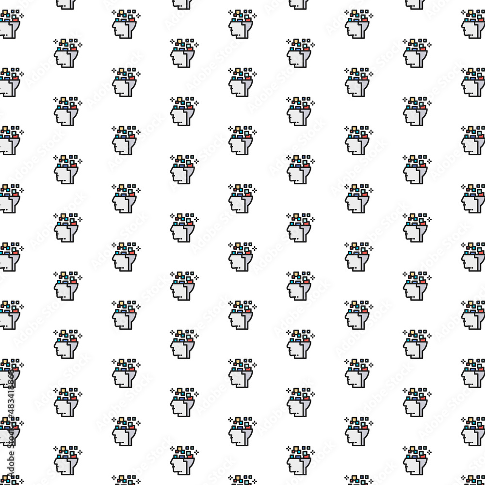 Fototapeta premium Robot head, brain connected to circuit board, artificial intelligence pattern with various icons.