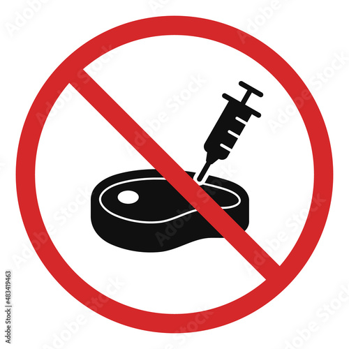 No Antibiotic Injection in Meat Silhouette Icon. Prohibited Artificial Meat Pictogram. Forbidden Hormone Meal Black Icon. Stop Artificial Food Red Sign. Isolated Vector Illustration