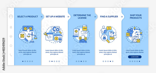 How to start export business blue and white onboarding template. Responsive mobile website with linear concept icons. Web page walkthrough 5 step screens. Lato-Bold, Regular fonts used